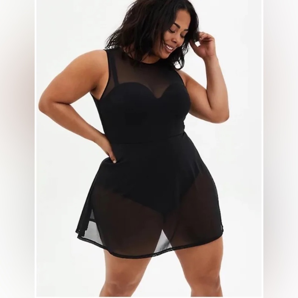 Torrid Underwire Long Mesh Overlay Swim Dress With Brief
